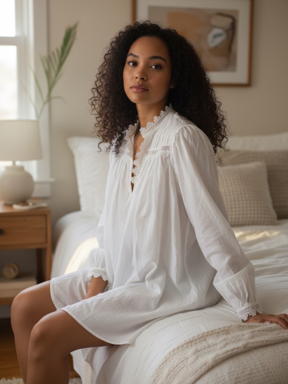 Priamo Cotton Summer White Pintuck Lace Night Shirt